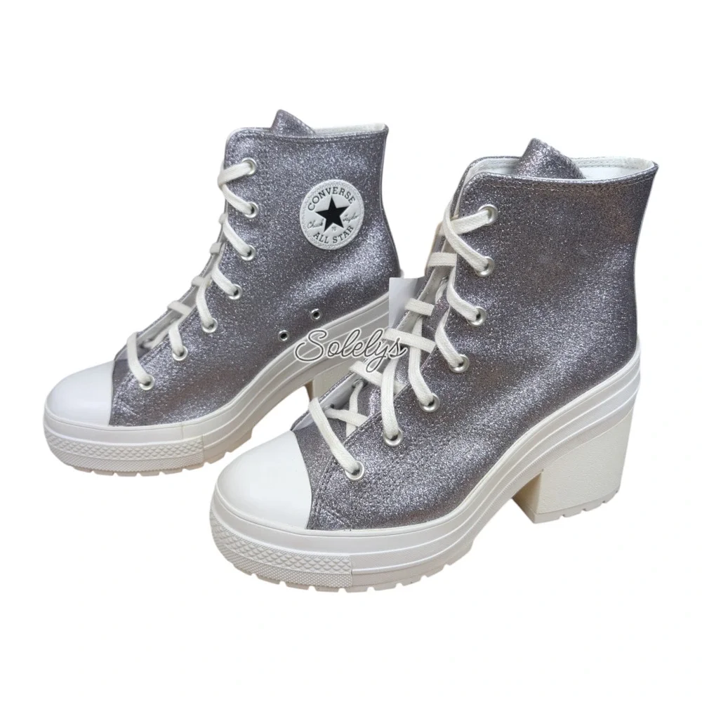 Converse Chuck 70 De Luxe Heel Platform Gunmetal Silver Glitter Sneaker Boot 9.5